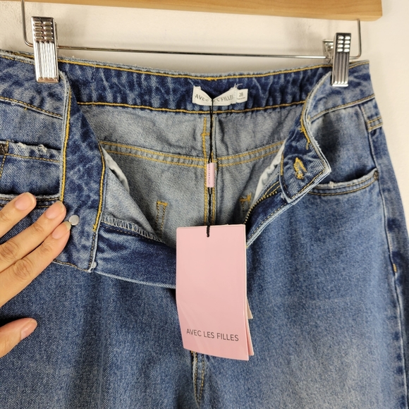 New Avec Les Filles  High Waist Distressed Straight Leg Split Hem Raw Hem Jeans - Picture 7 of 13